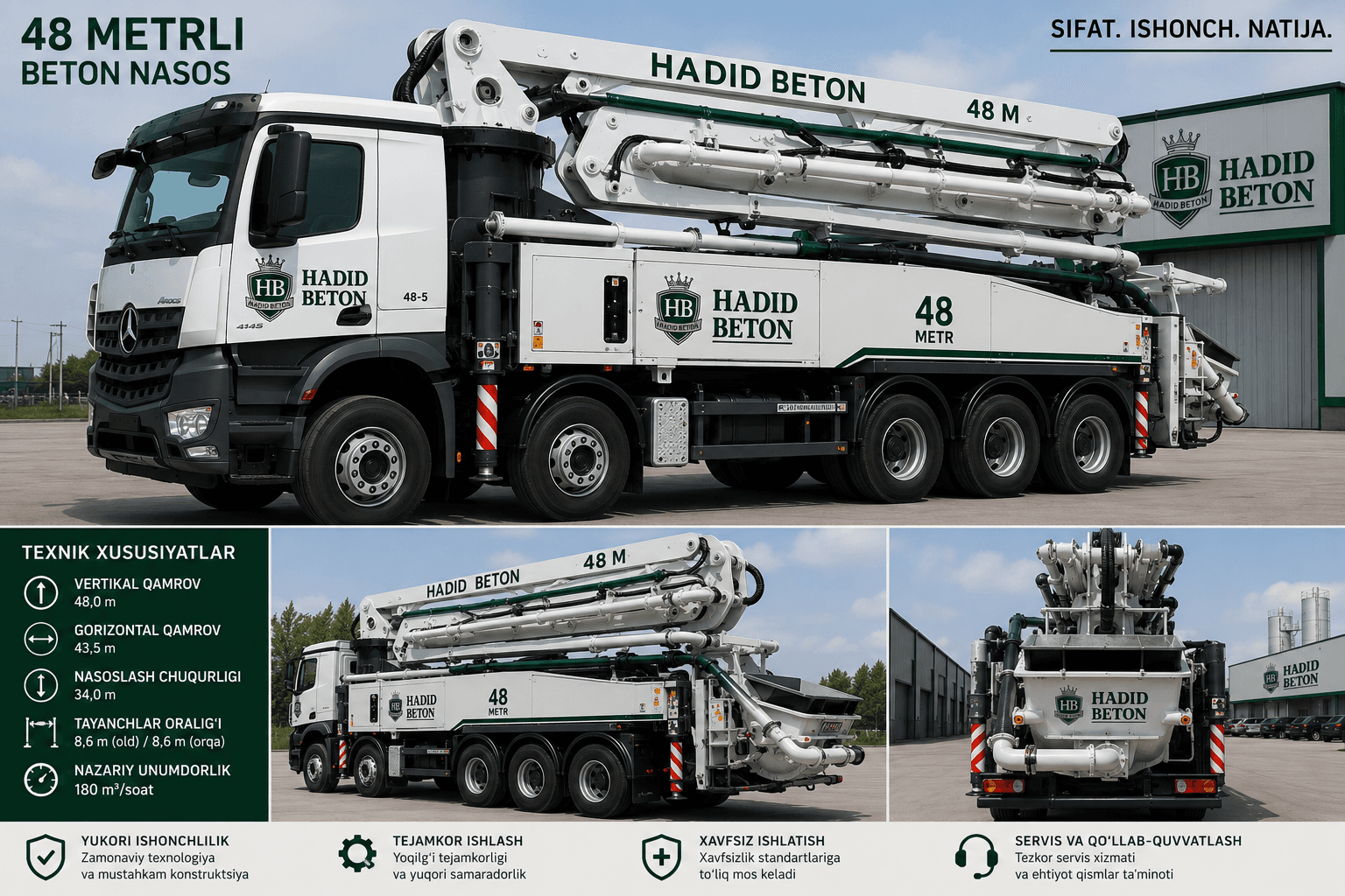 Hadid Beton 48 metrli avtobeton nasosi (beton pump) — texnik xususiyatlar
